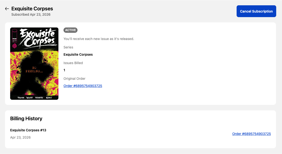 A customer's subscription detail in their account with billing history and a Cancel Subscription button