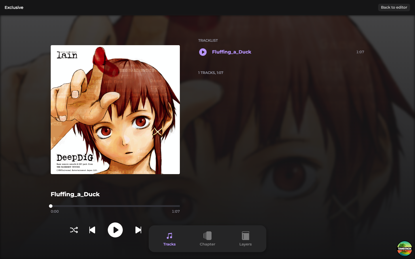The full-edition preview viewer with the music capsule open and a bottom bar showing Tracks, Chapters, and Layers tabs for each composition capsule