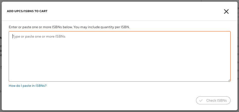 PRH's Add UPCs/ISBNs to Cart dialog with a text area for pasted ISBNs