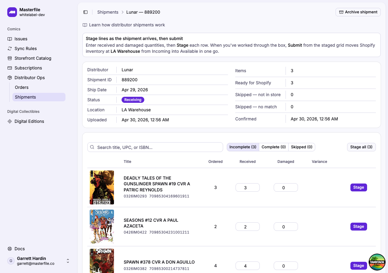A shipment in Receiving with editable received and damaged columns