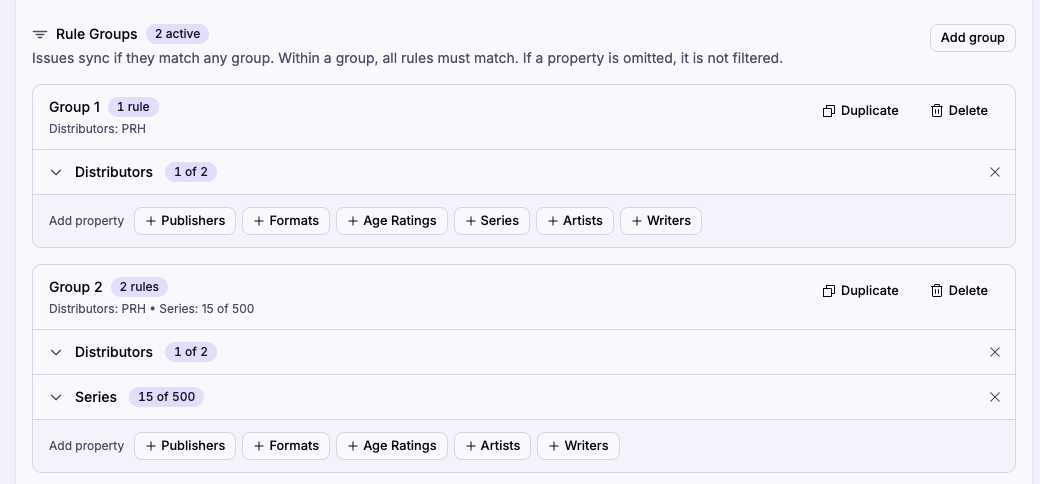 The Rule Groups section with two groups, each summarizing its active properties in the header