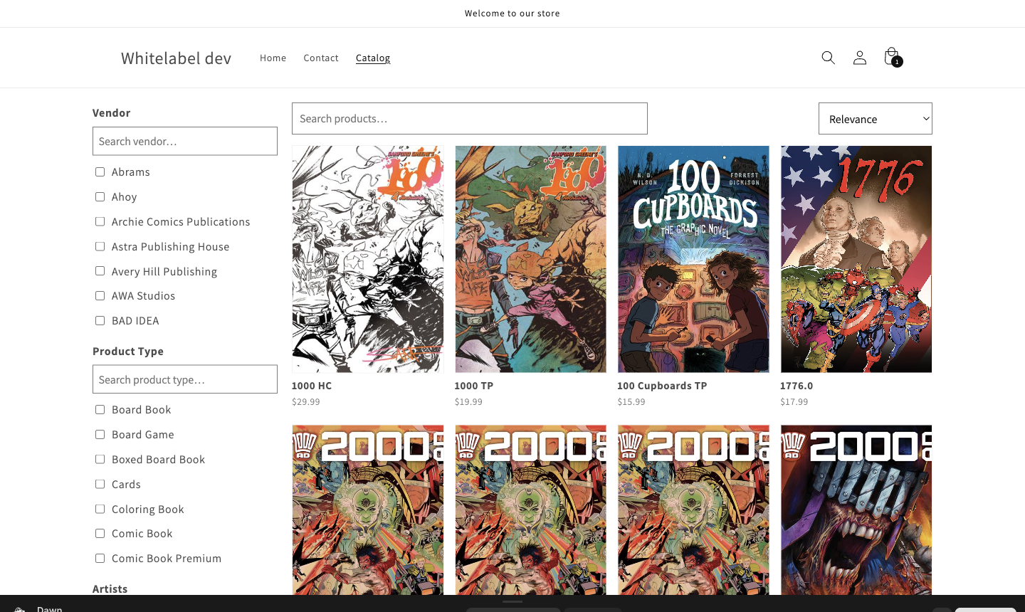 The storefront catalog page showing the filter sidebar, sort dropdown, and product grid