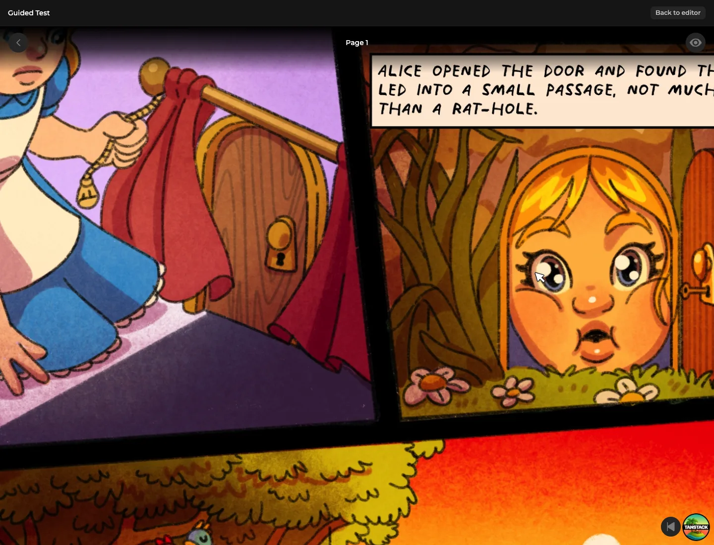 The guided reading viewer zoomed into a single comic panel mid-tour