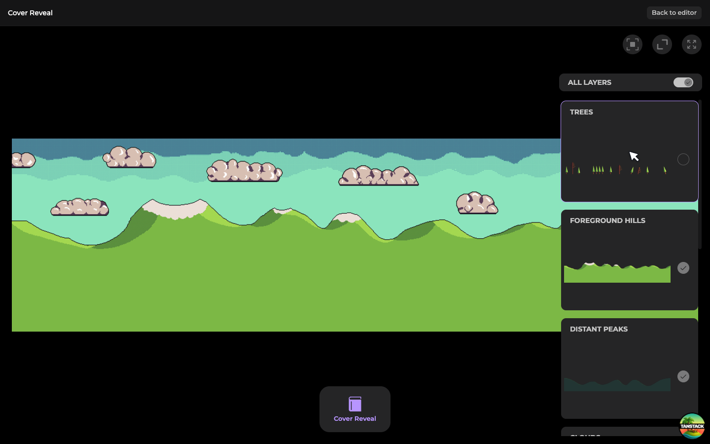 The layered-art viewer showing a composed scene with a per-layer toggle panel on the right