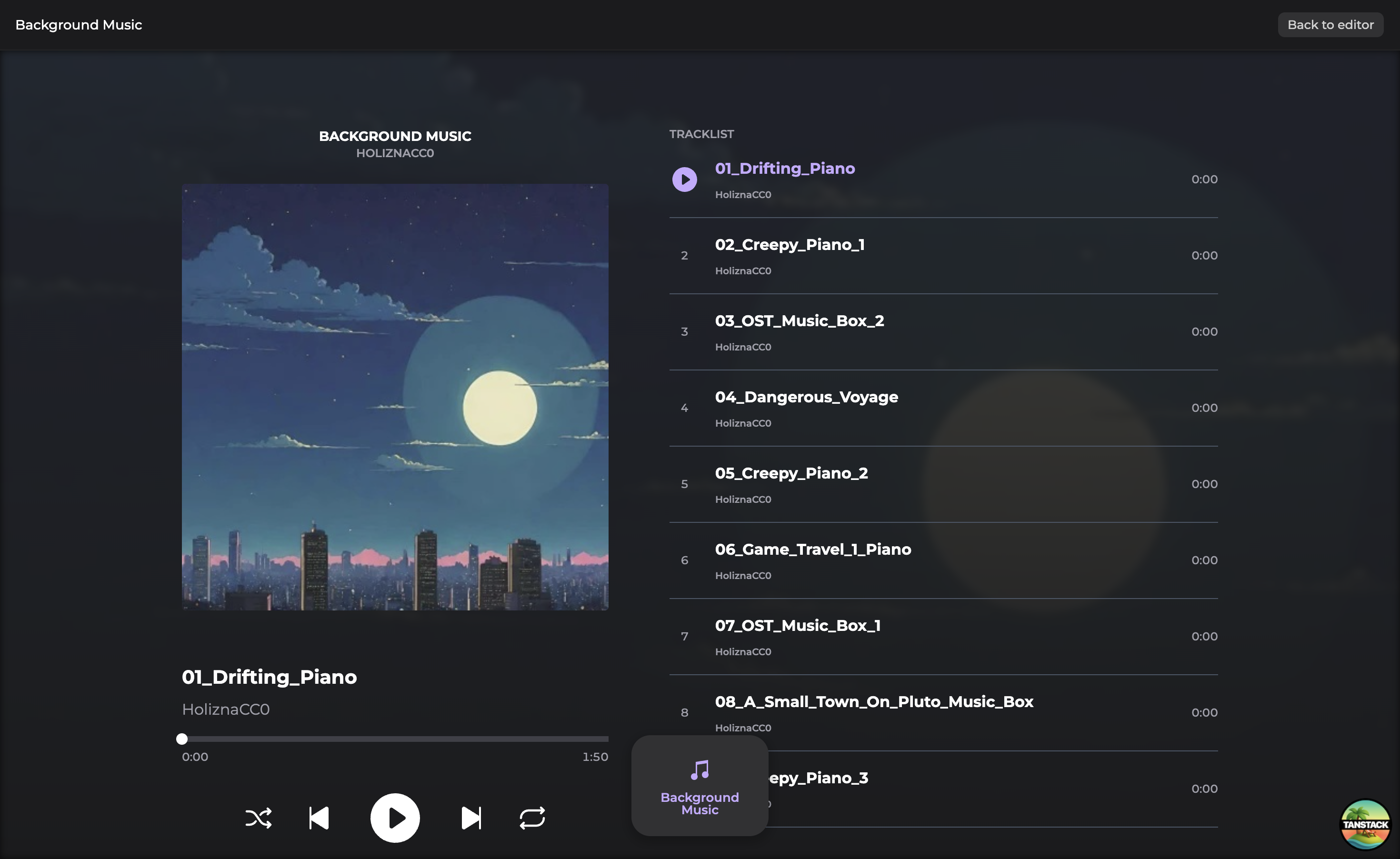 The music viewer showing album art, transport controls, and a track list panel