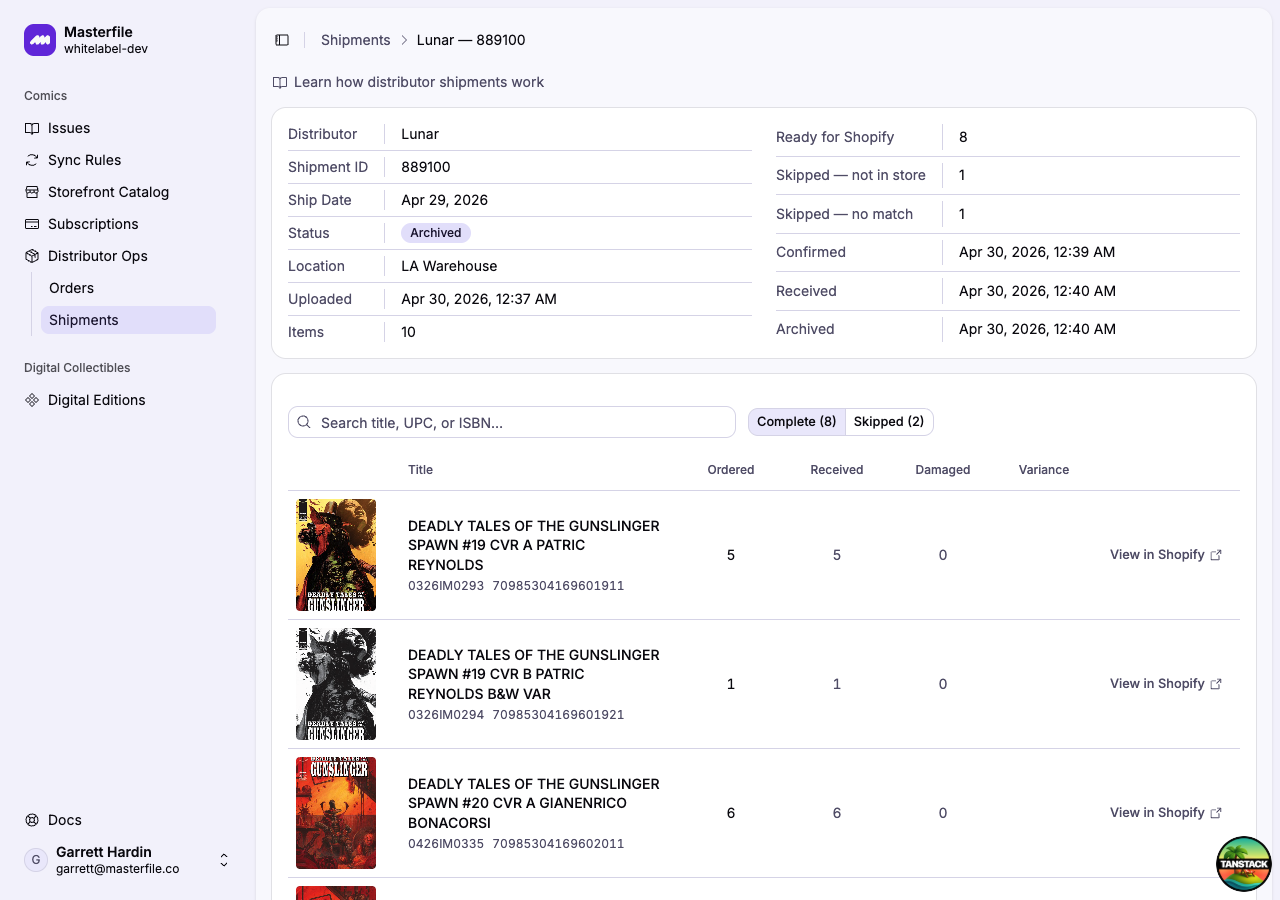 An archived shipment with final received and damaged counts