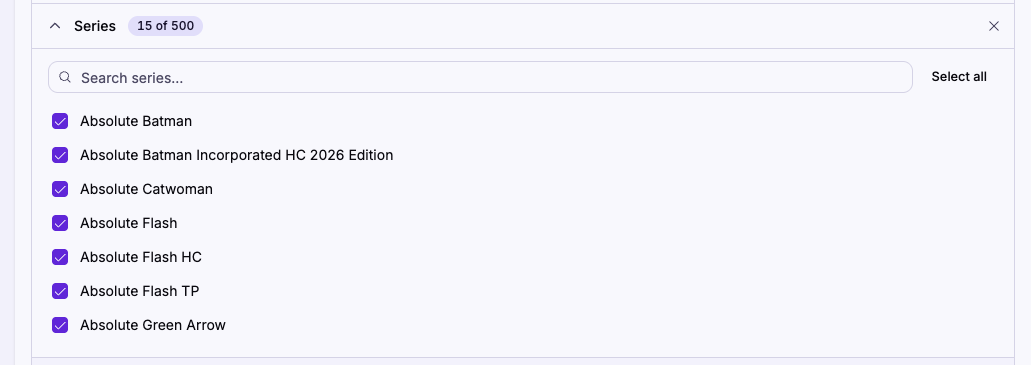 A Series property expanded with the search field and checkbox list