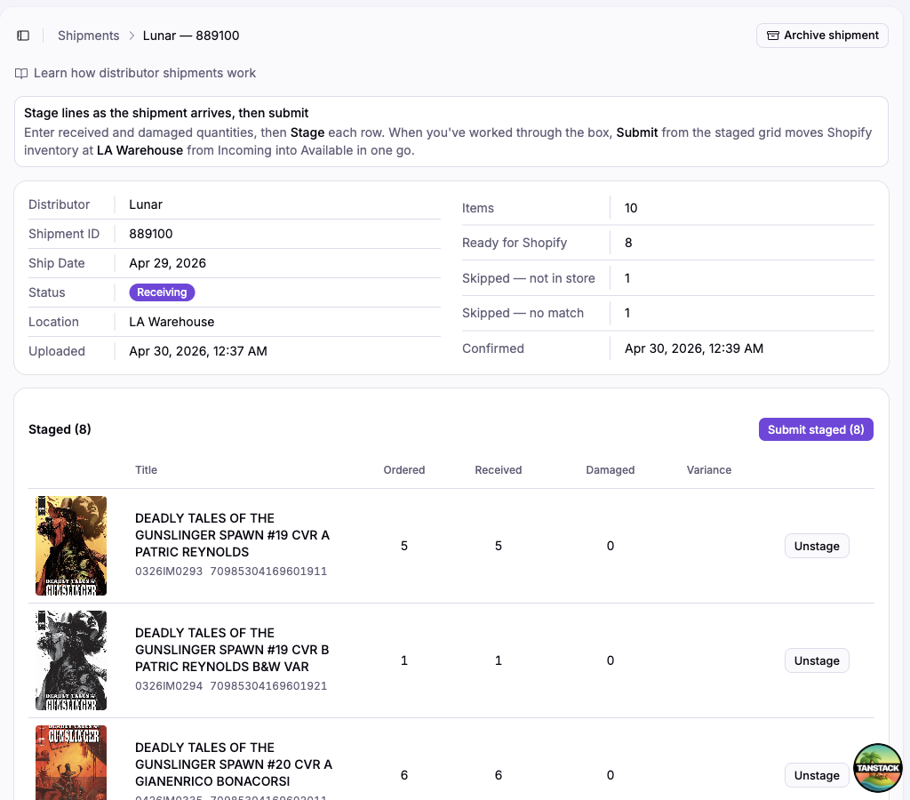 The Staged section with a Submit staged button and per-row Unstage