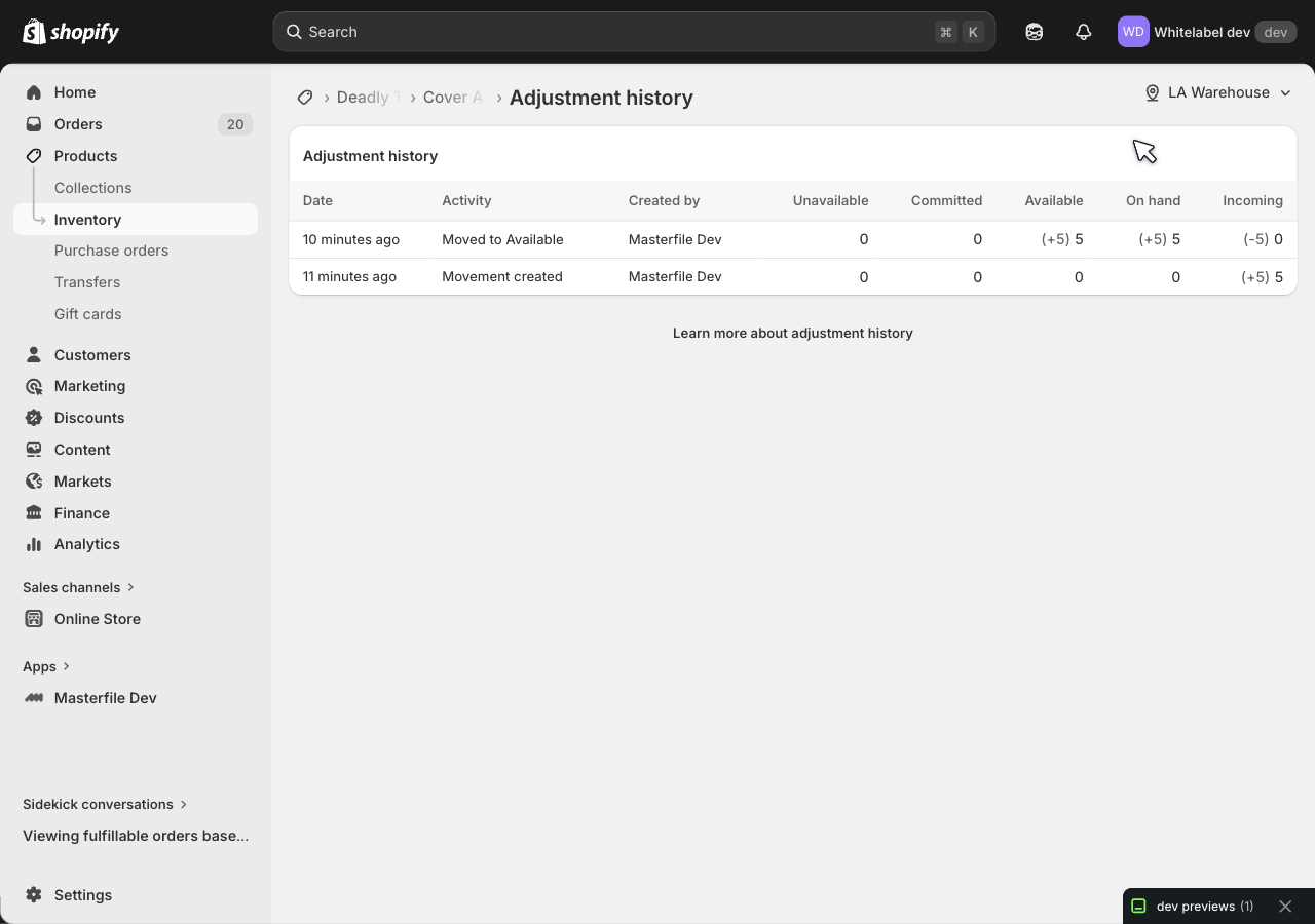 Shopify adjustment history showing a Movement created entry and a Moved to Available entry