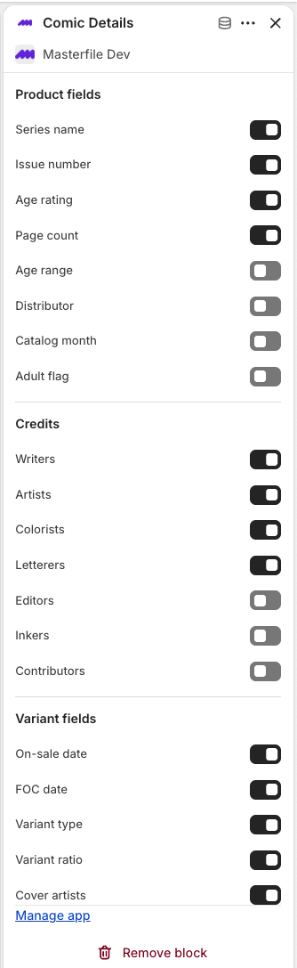 The Comic Details block settings panel with three groups: Product fields, Credits, and Variant fields